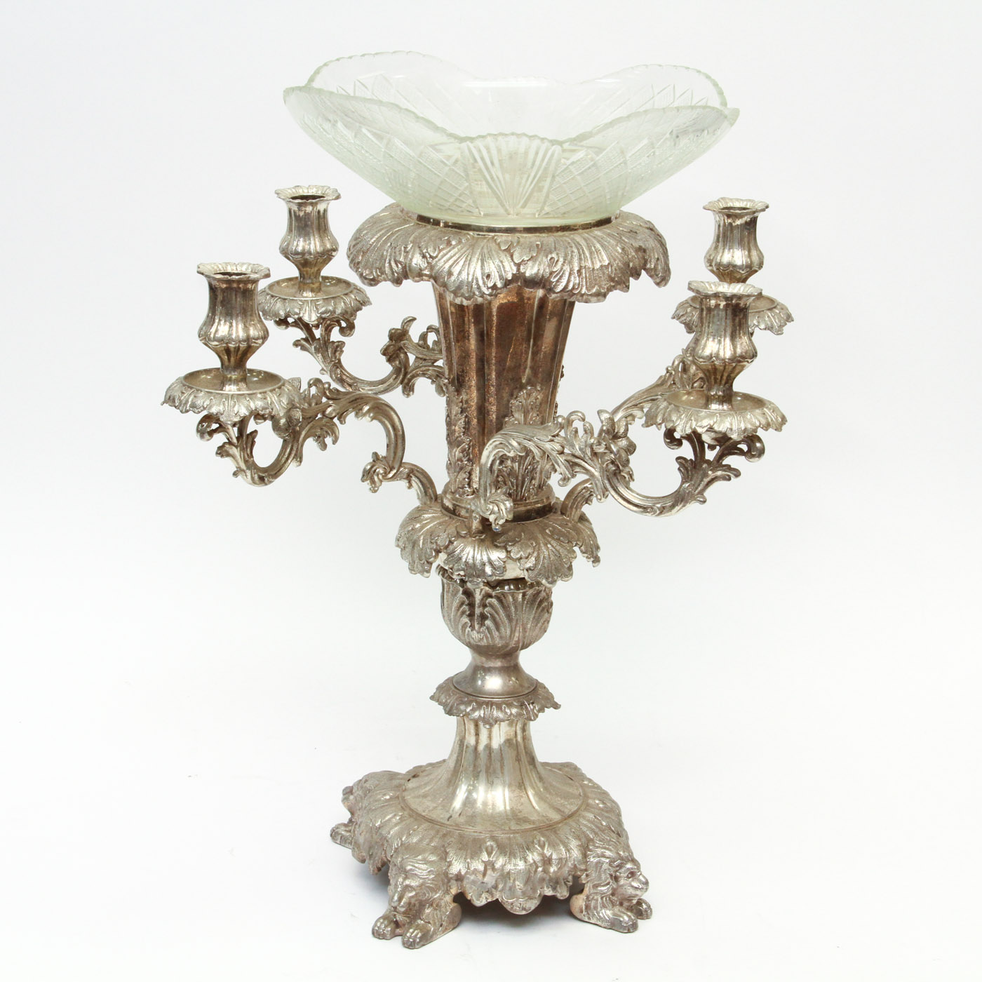 Silver Plate Centerpiece Epergne Candelabra with Glass Flower Bowl