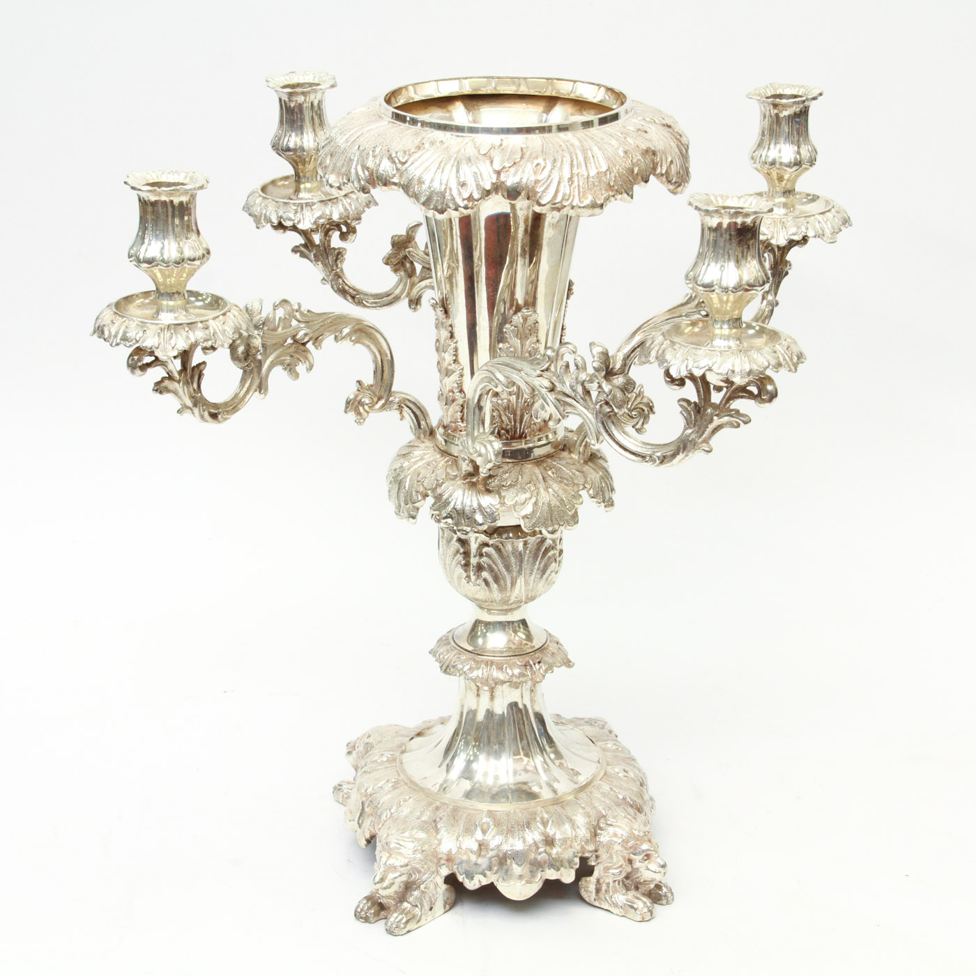 Silver Plate Centerpiece Epergne Candelabra with Glass Flower Bowl