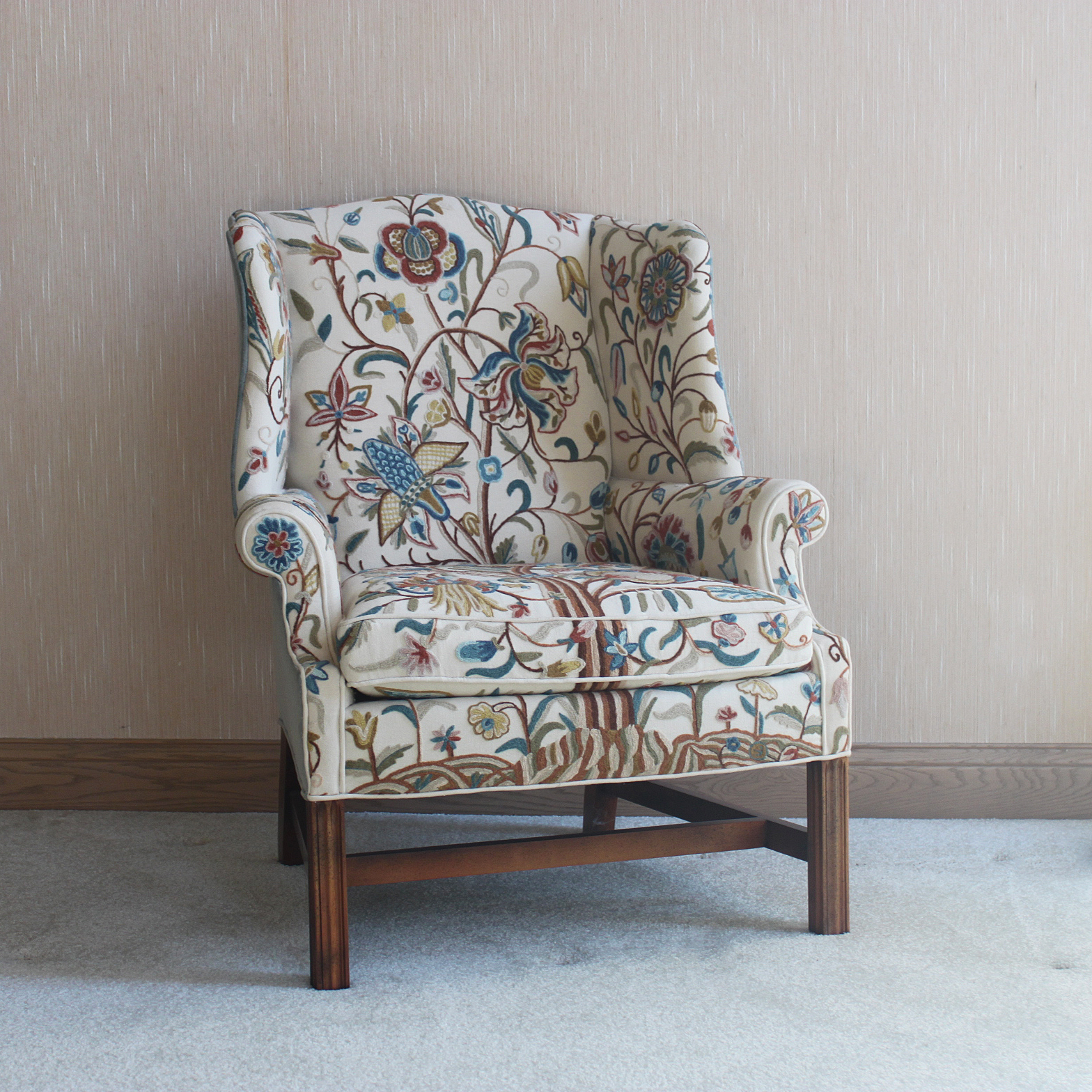 Wingback Chair With Crewel Embroidery Upholstery EBTH