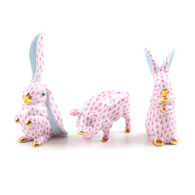 Herend Porcelain Pig and Rabbit Figurines in Fishnet Pink