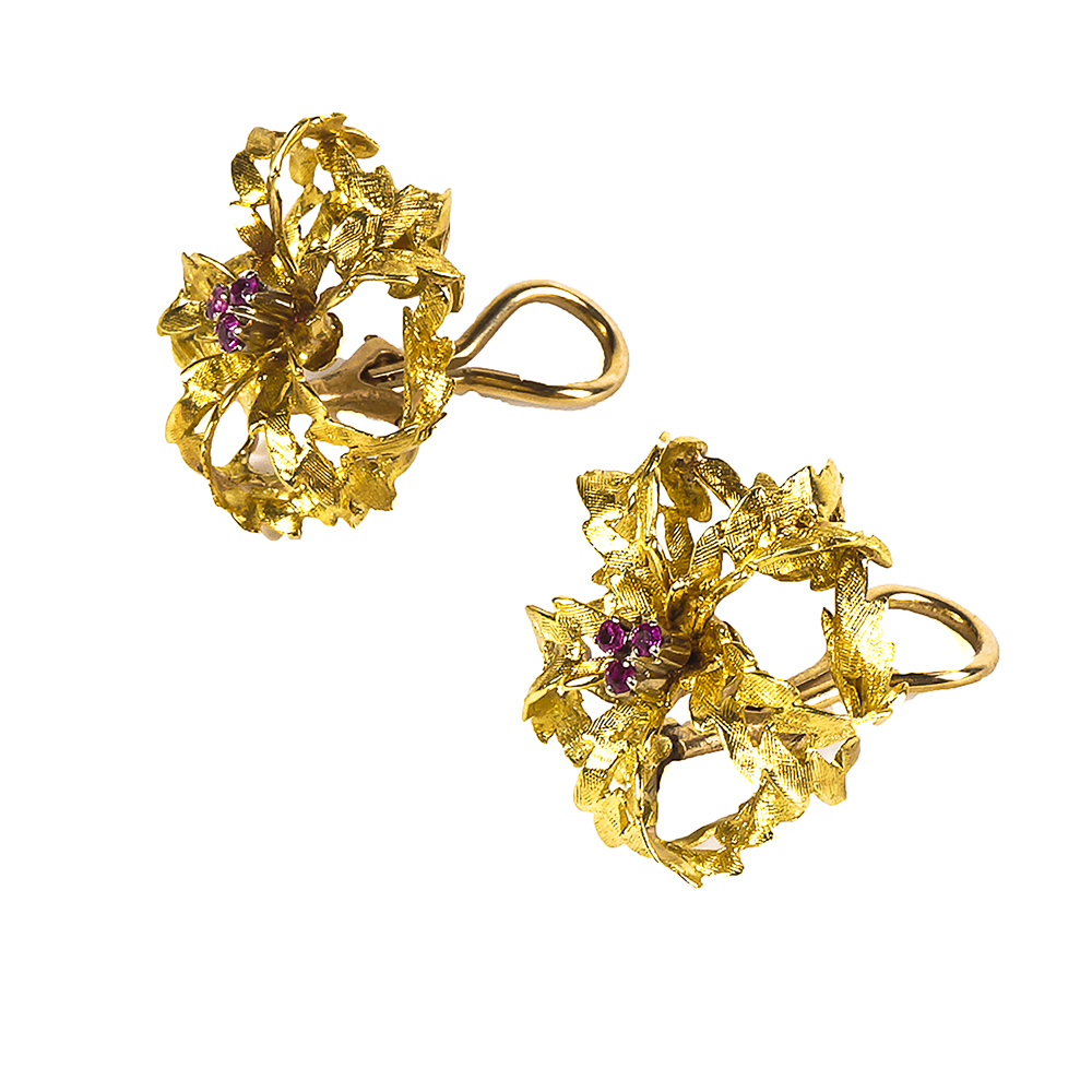 Italian 14K Yellow Gold and Ruby Floral ClipOn Earrings EBTH
