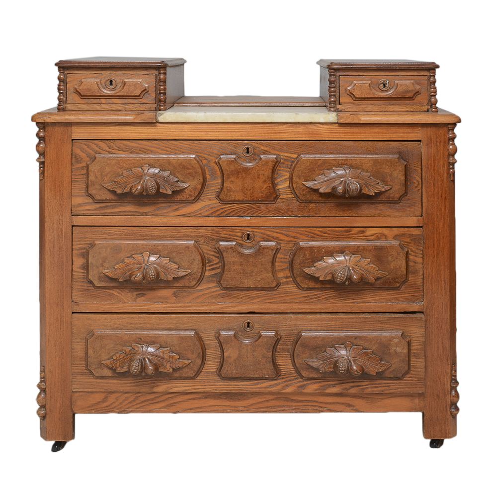Antique Oak Chest Of Drawers With Burl Wood Drawer Fronts Ebth