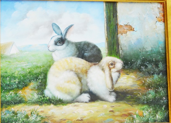 Original Oil Painting on Canvas of Two Bunnies | EBTH