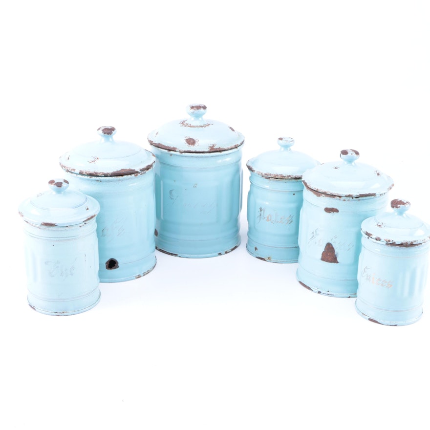 Vintage Luc & Cie Depose French Enameled Metal Canisters