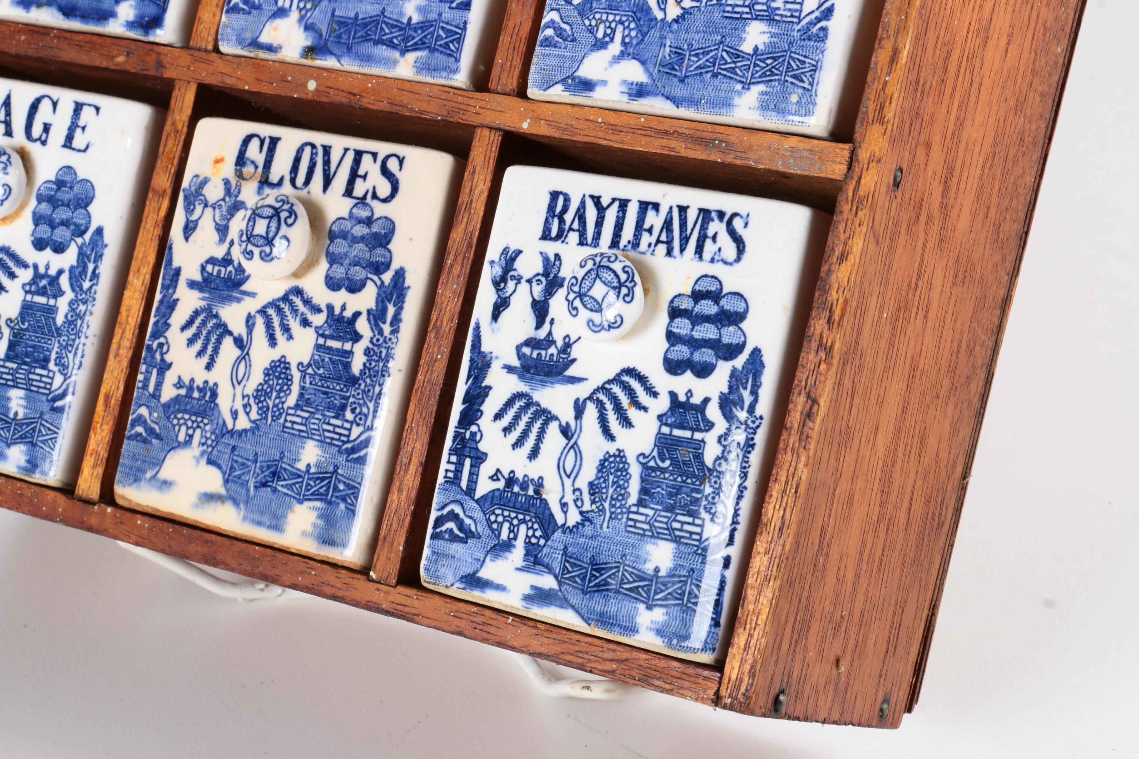 Vintage Spice Racks With "Blue Willow" Ceramic Containe   rs 