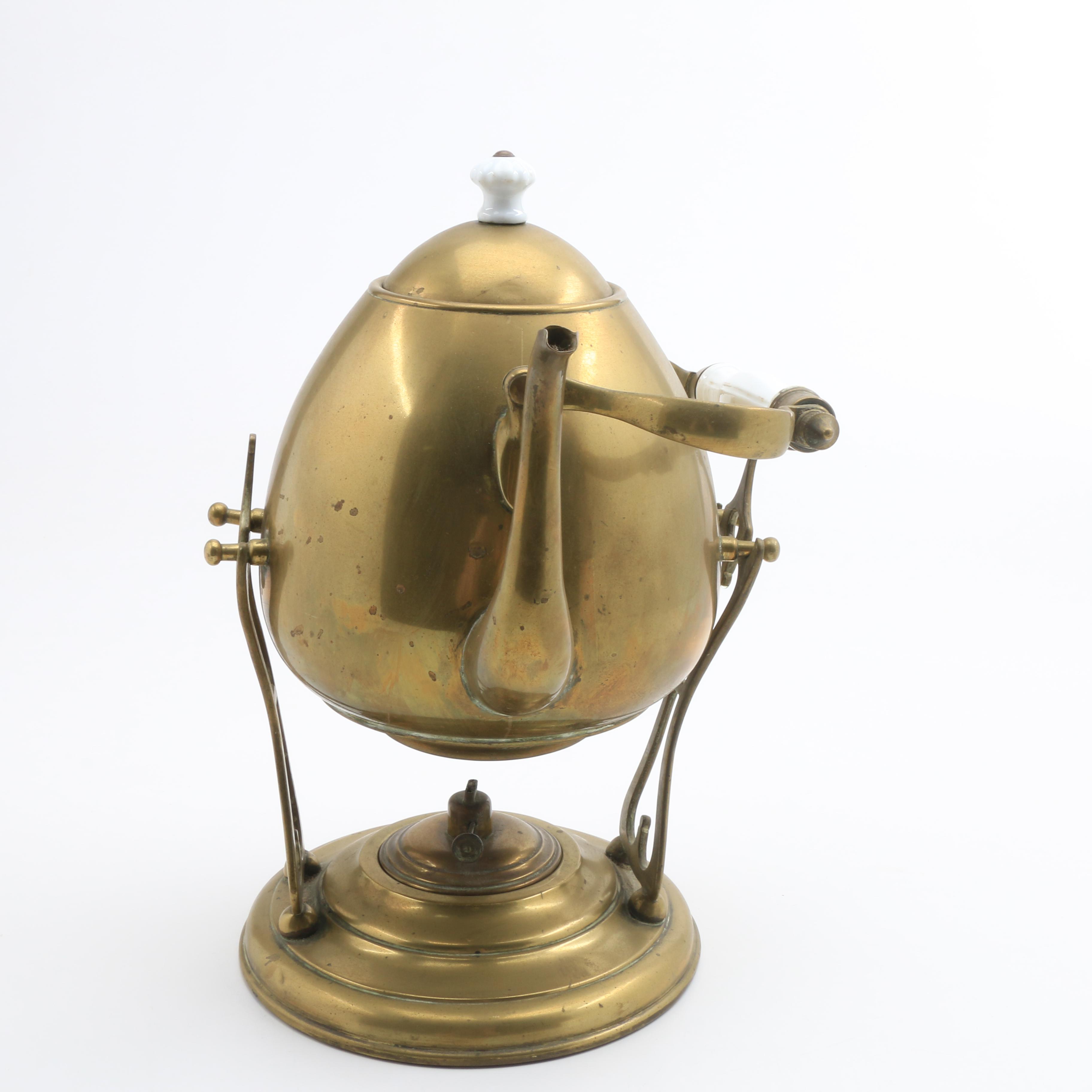 Antique Brass Tea Kettle on Tipping Stand EBTH