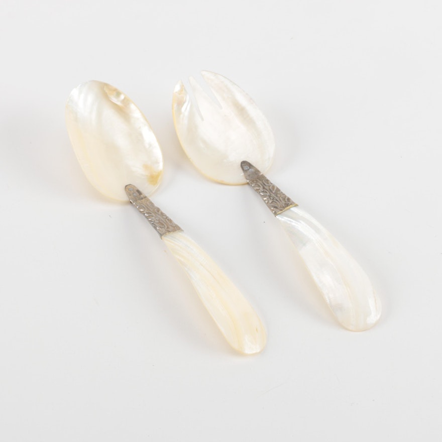 Mother of Pearl and Shell Serving Utensils with Silver Tone Accents
