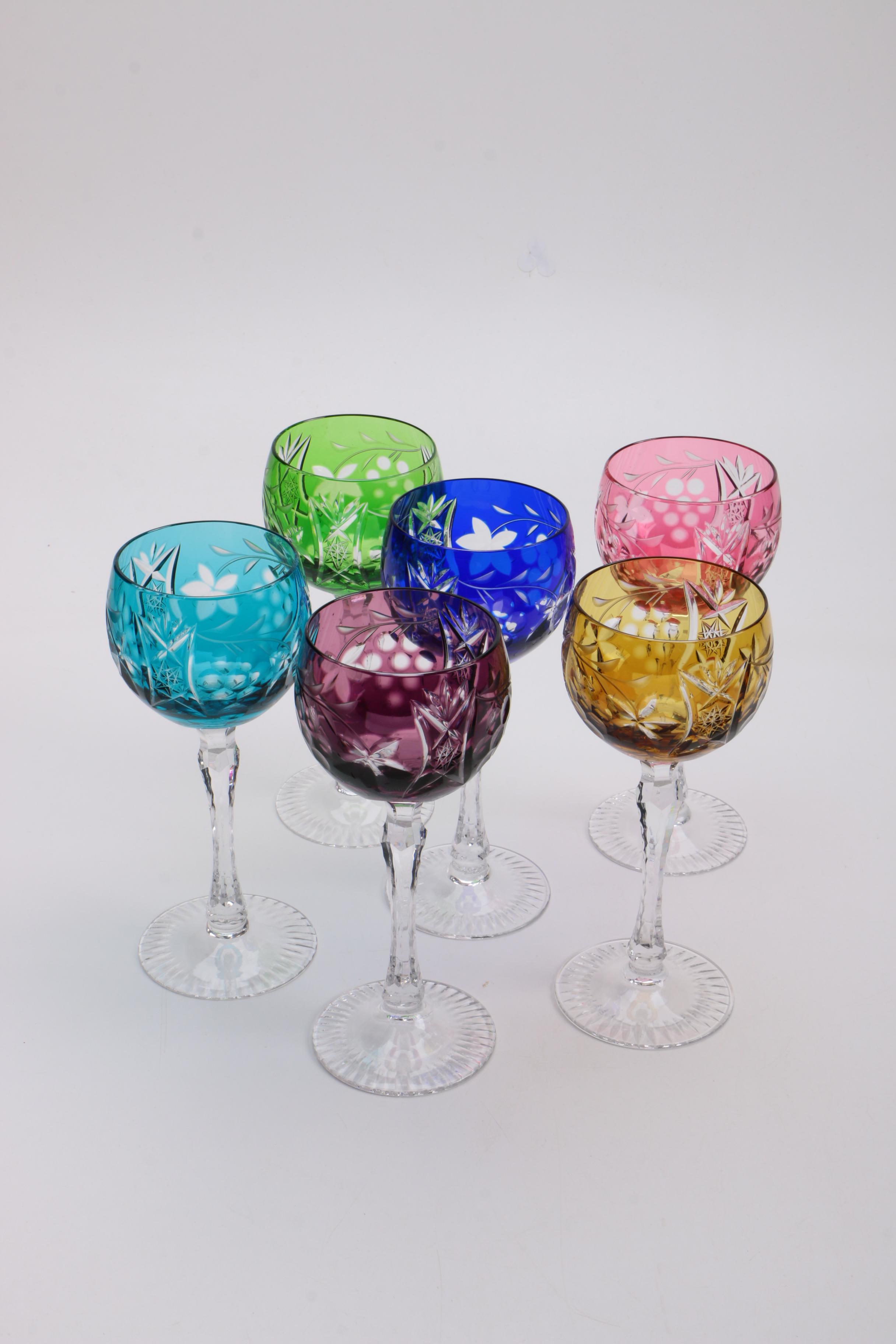 Bohemian Colored Etched Glass Wine Glasses EBTH