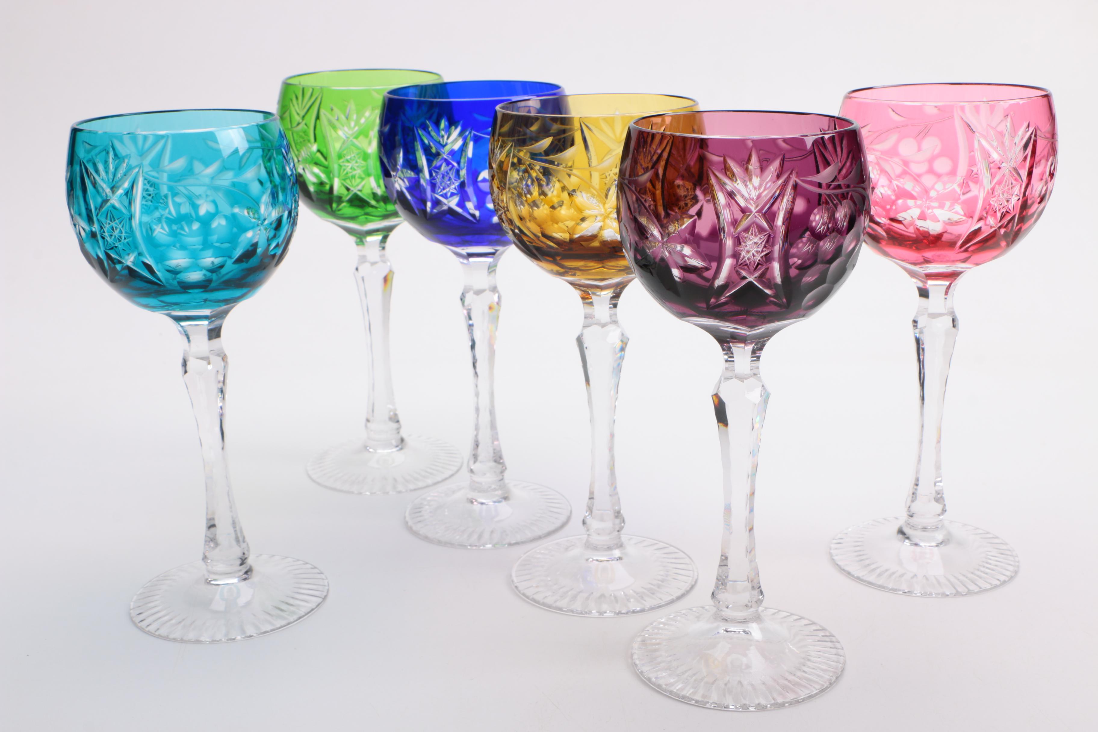 Bohemian Colored Etched Glass Wine Glasses EBTH
