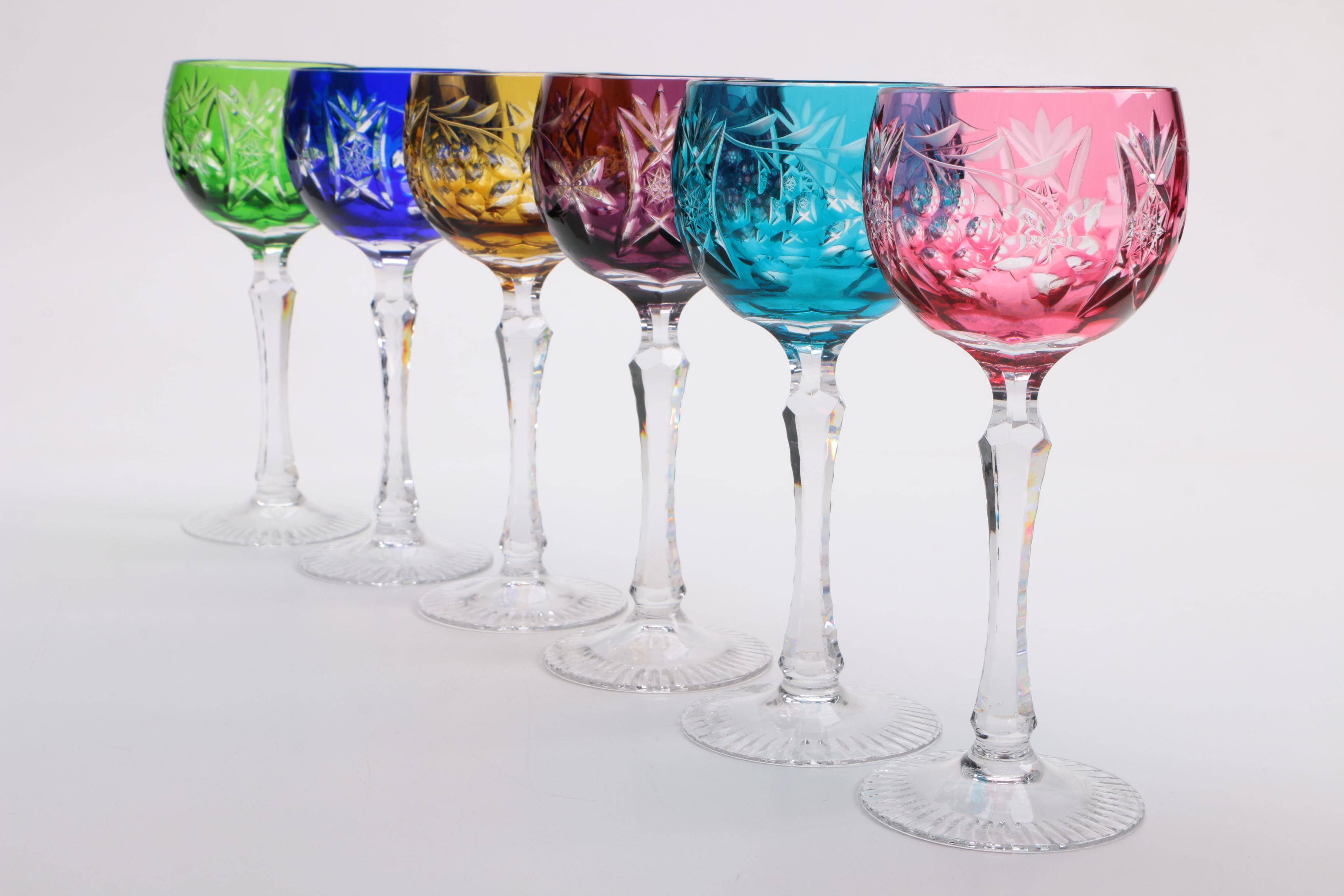 Bohemian Colored Etched Glass Wine Glasses EBTH