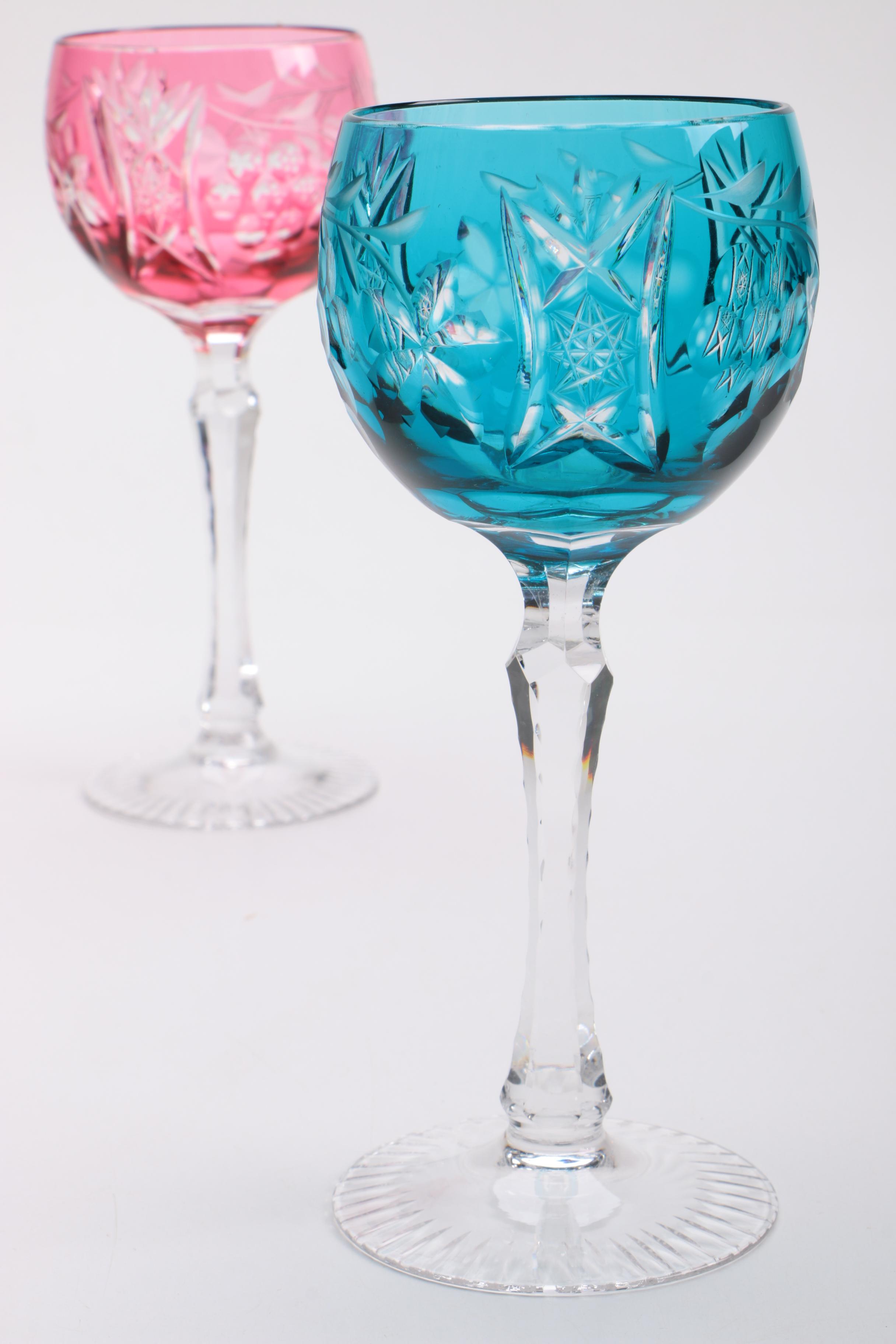 Bohemian Colored Etched Glass Wine Glasses EBTH