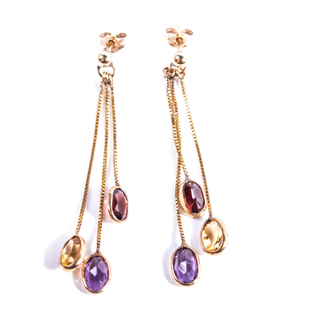 14K Yellow Gold and Multi Gemstone Dangle Drop Earrings EBTH