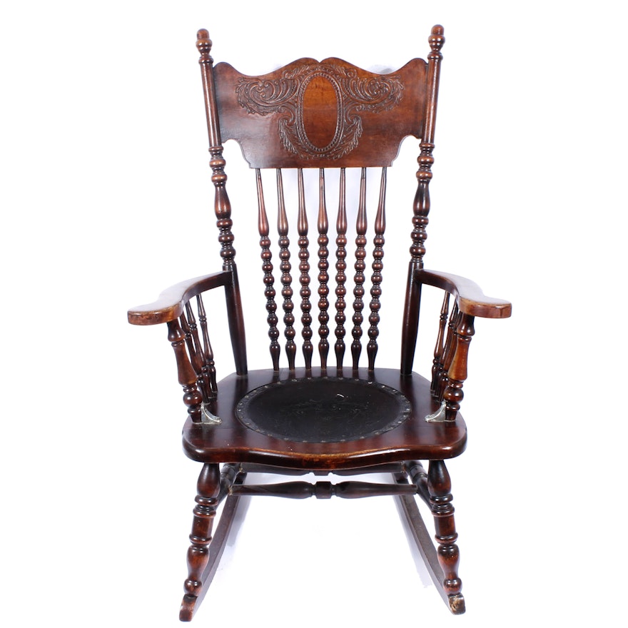 Antique Pressed Back Rocking Chair With Leather Seat : EBTH Antique Pressed Back Rocking Chair with Leather Seat ... - Antique Pressed Back Rocking Chair With Leather Seat : EBTH
