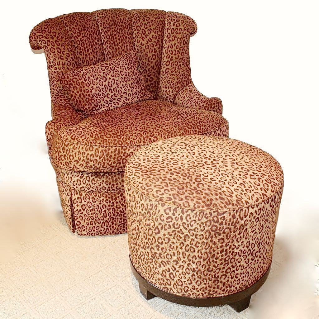 Hickory White Leopard Print Swivel Chair Ottoman Ebth