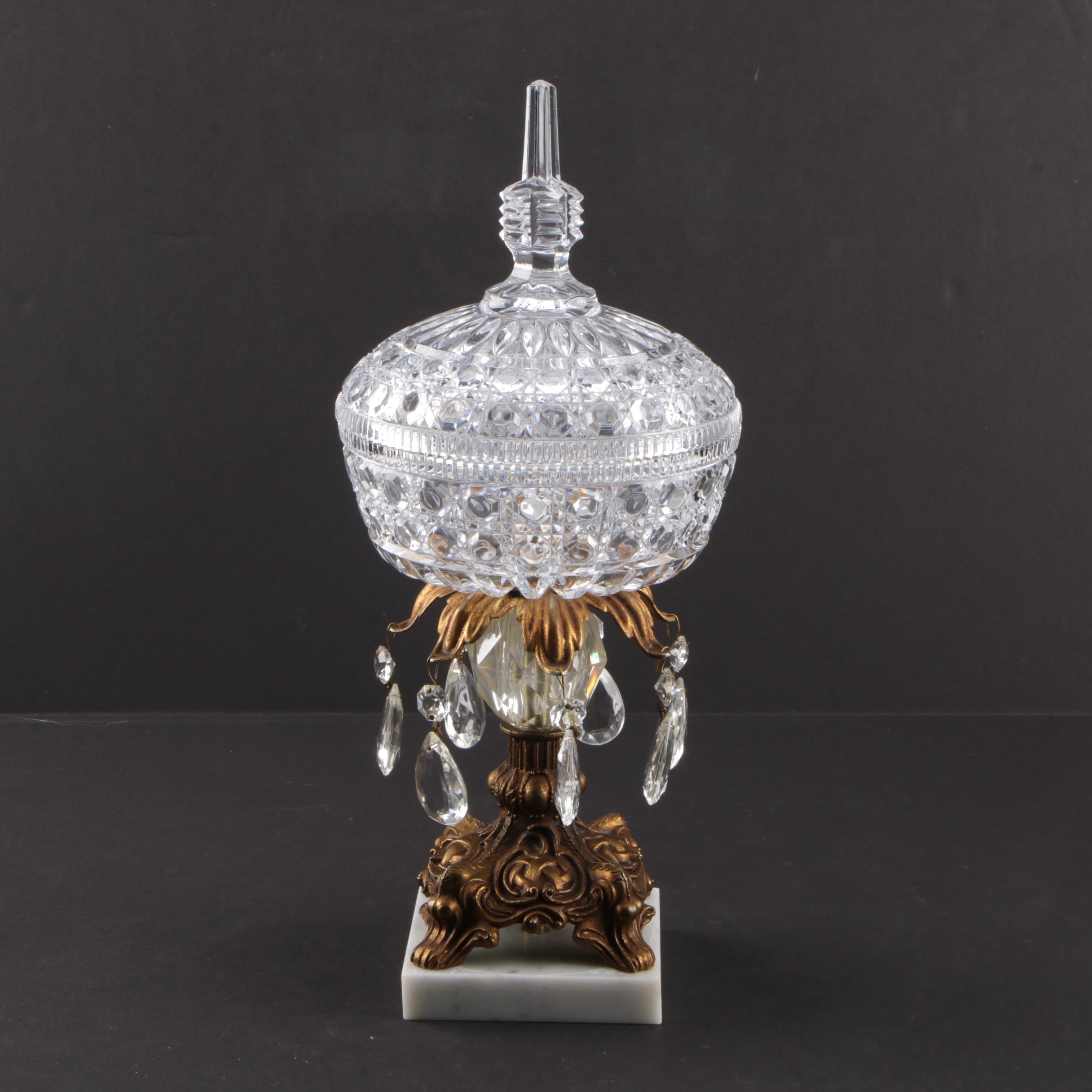 Hollywood Regency Crystal and Brass Compote Candy Dish with Marble