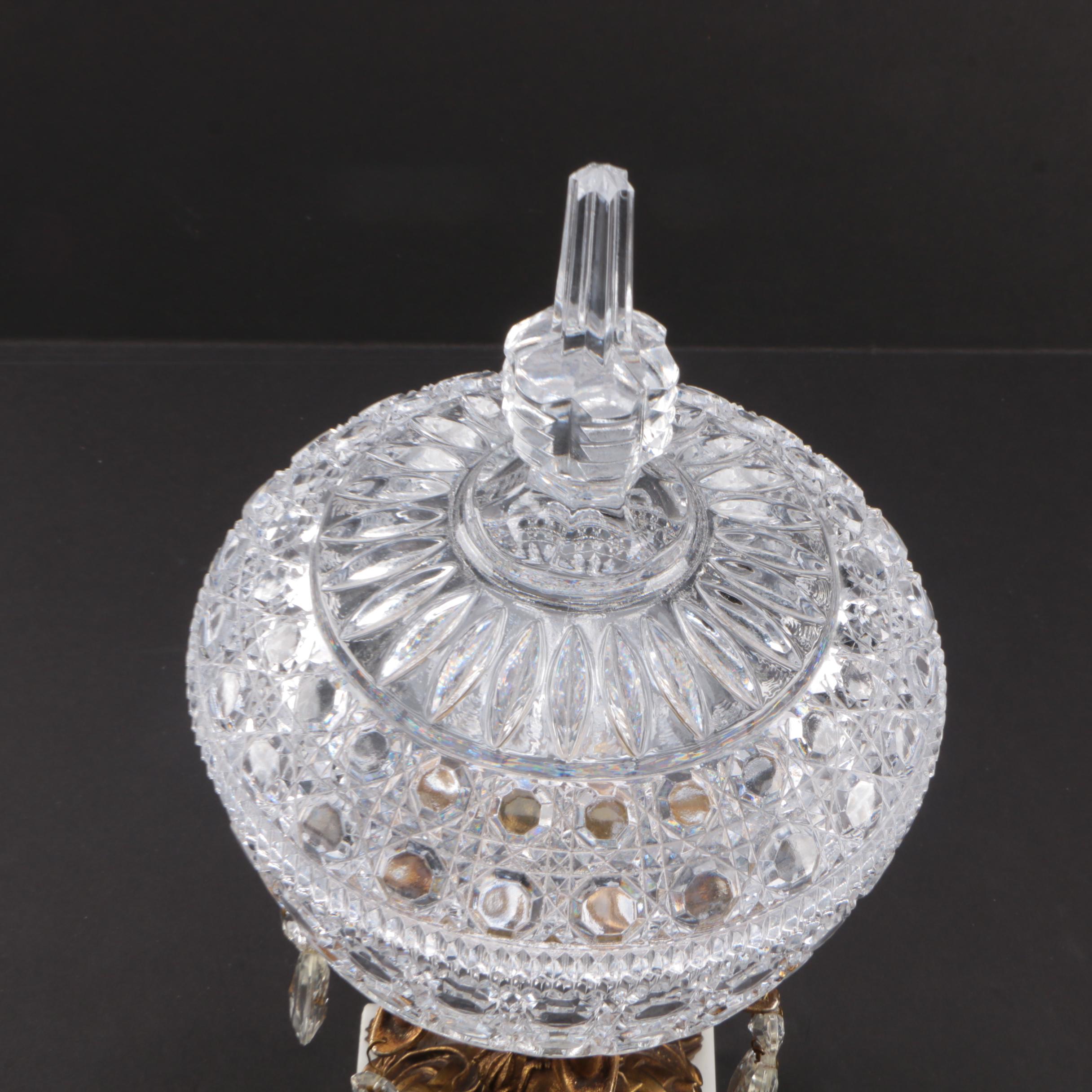 Hollywood Regency Crystal and Brass Compote Candy Dish with Marble