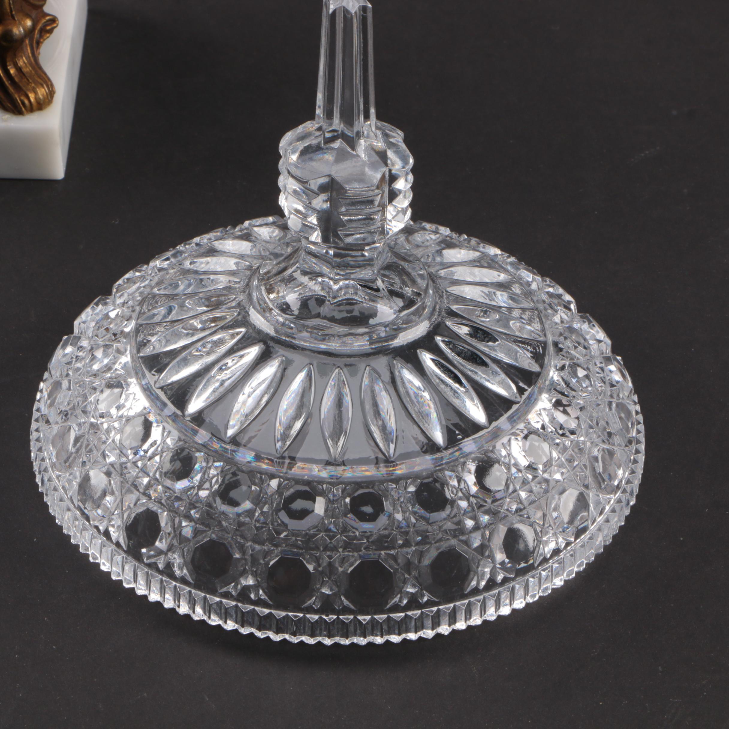 Hollywood Regency Crystal and Brass Compote Candy Dish with Marble