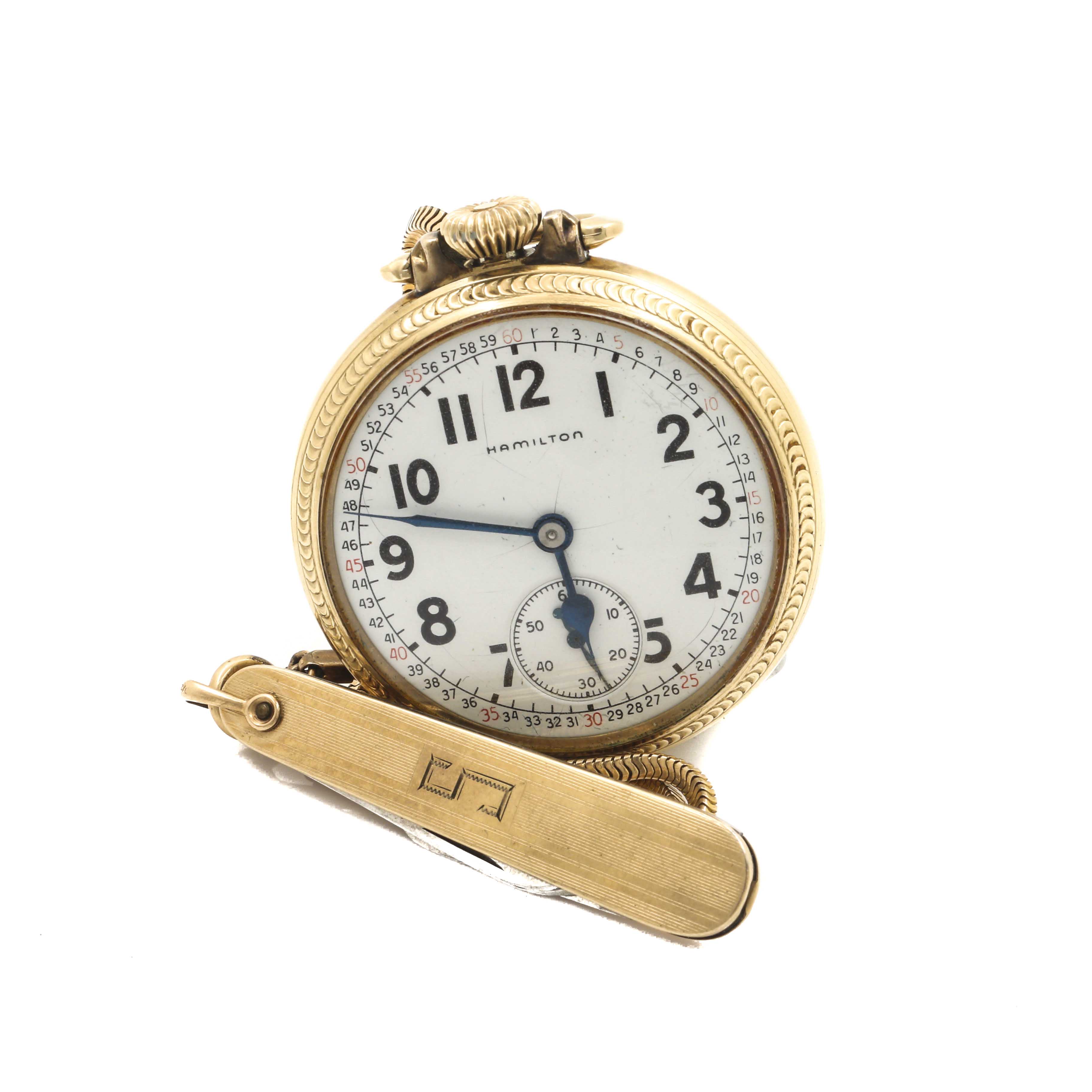 Hamilton 10K Gold Filled Pocket Watch, Fob and Pocket Knife EBTH