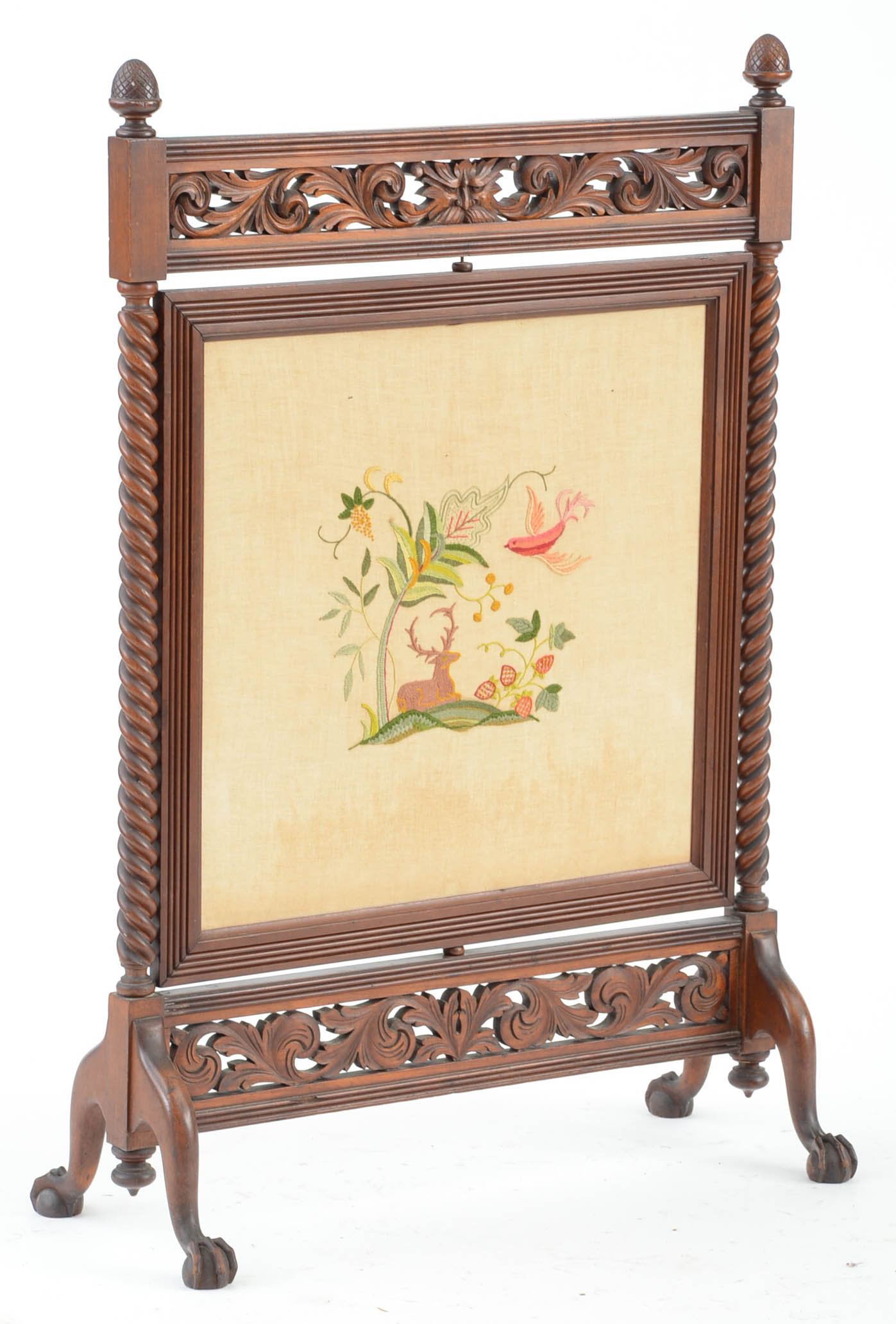 Antique Victorian Carved Mahogany Fire Screen with Embroidered