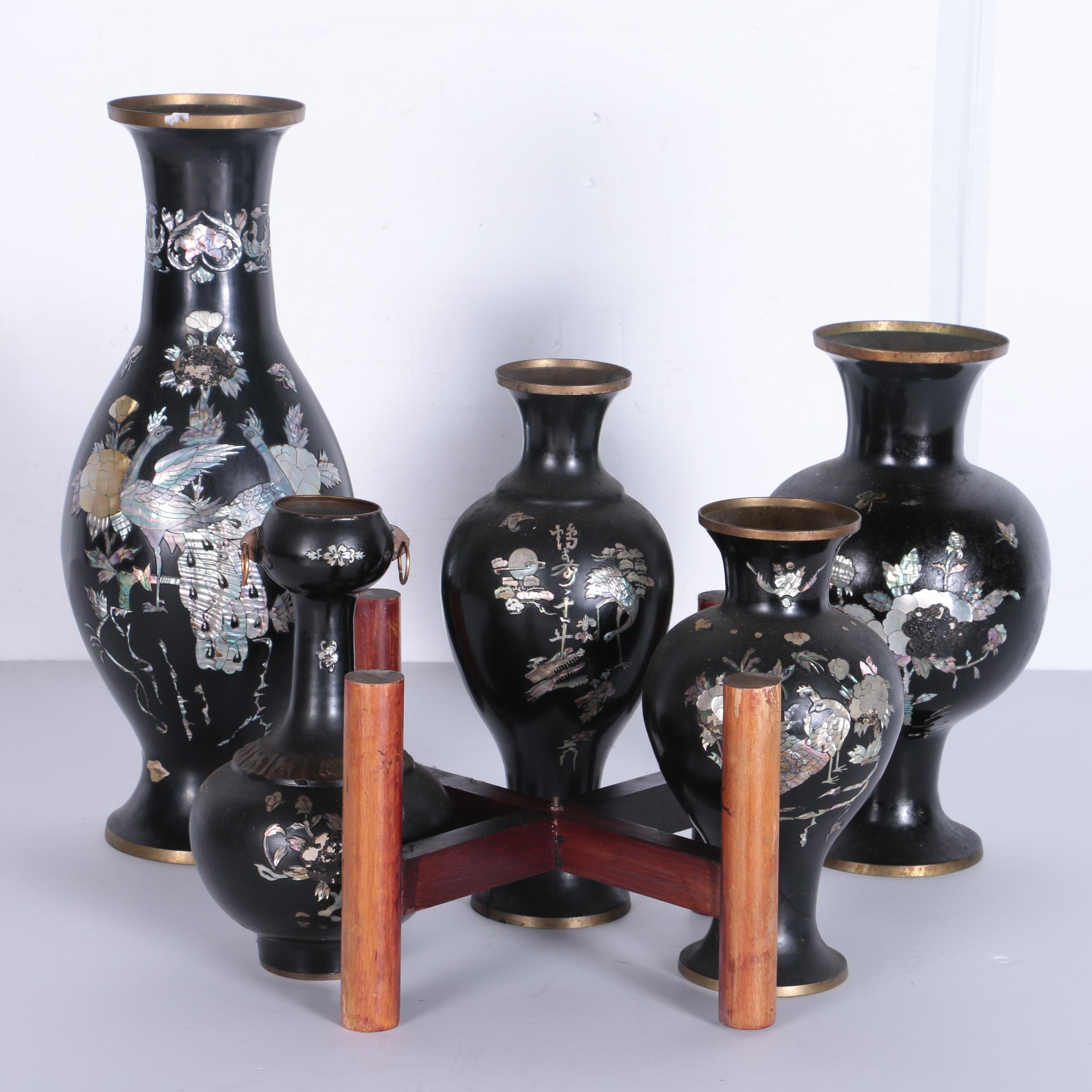 Chinese Mother Of Pearl Inlaid Enameled Vases And Wood Stand Ebth