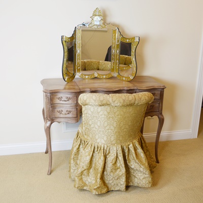 Louis Xv Style Vanity With Venetian Style Mirror And Upholstered Slipper Chair