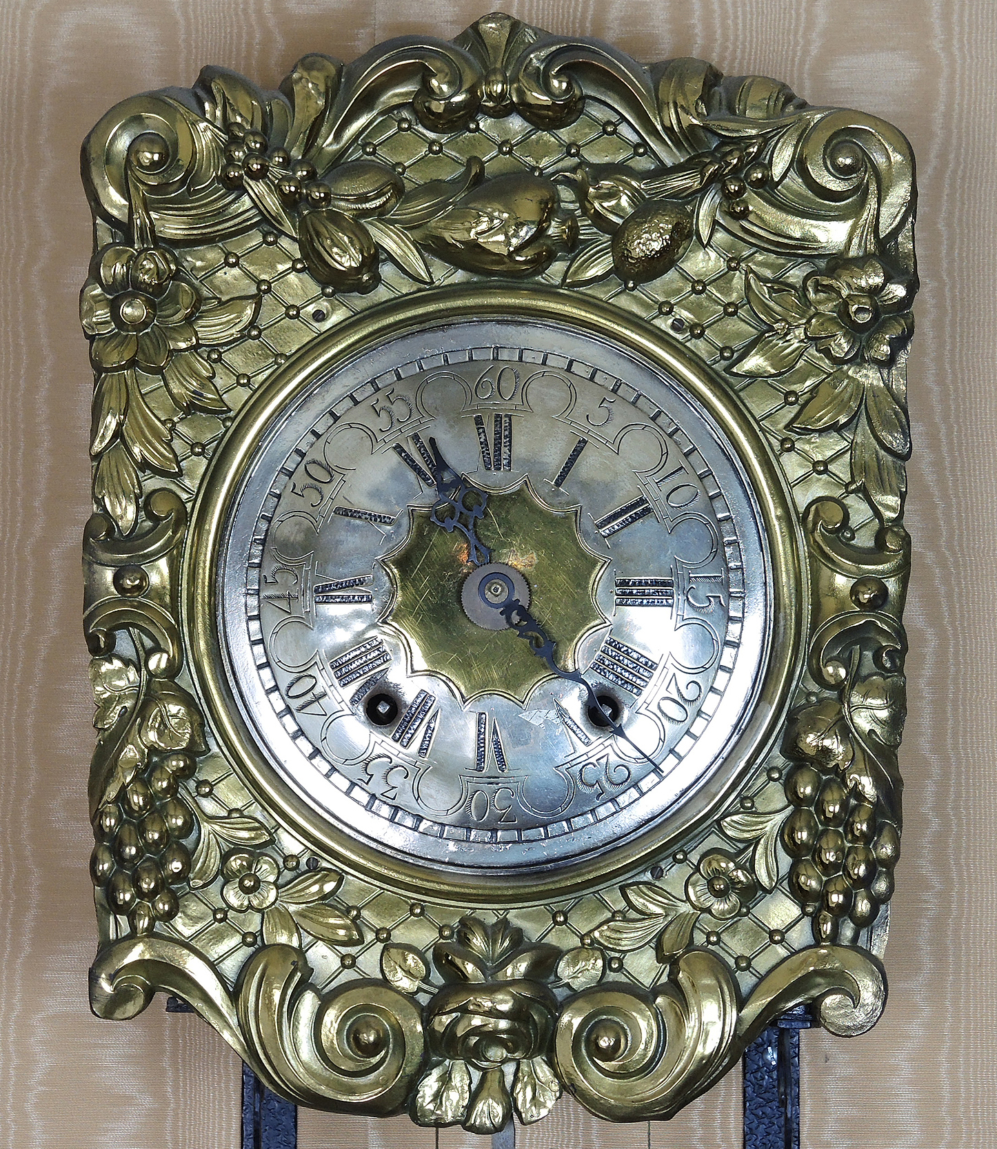 Antique French Morbier Comtoise Ornate Brass Wall Clock with Long