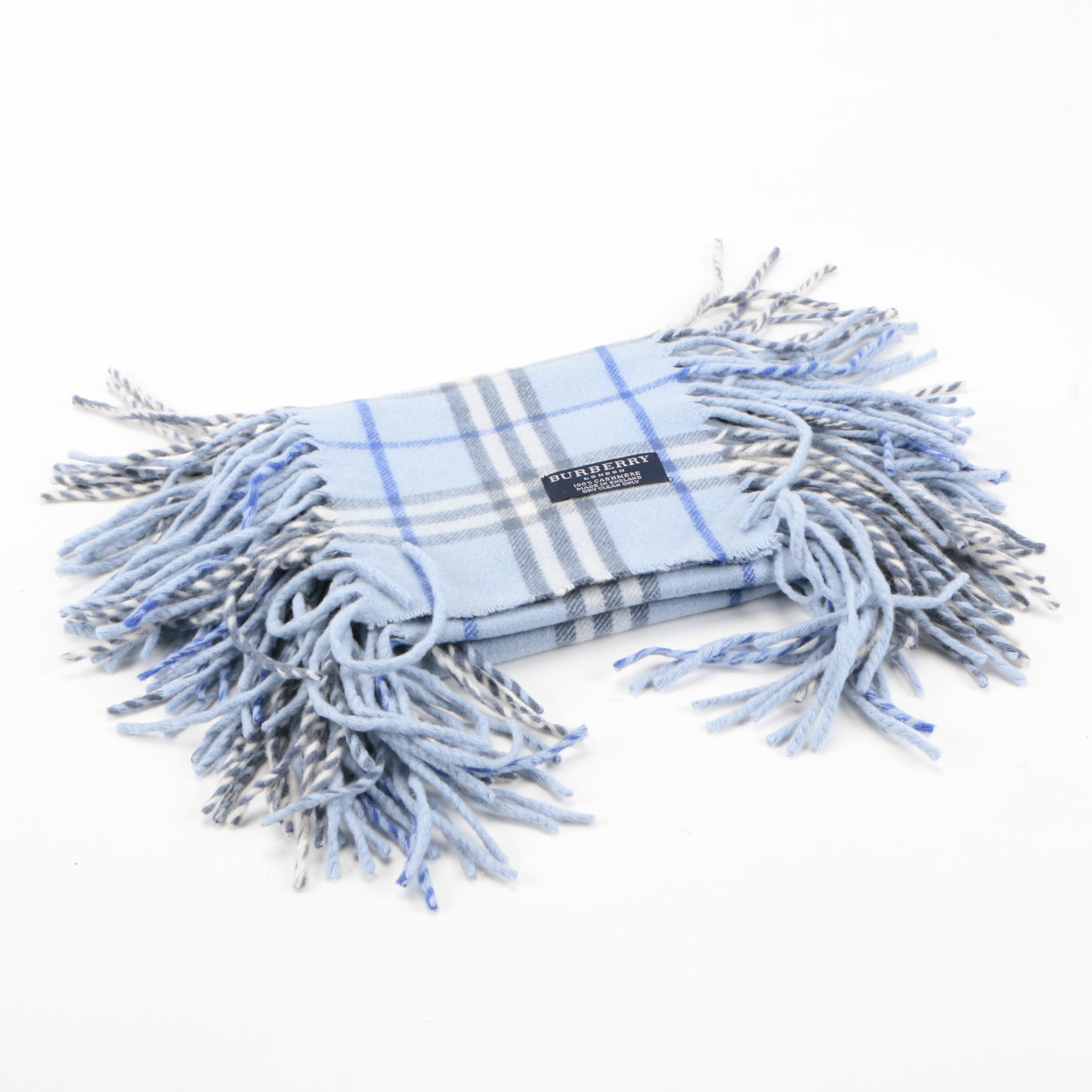 Burberry London Light Blue Plaid Cashmere Scarf EBTH