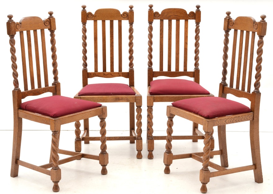 Antique Jacobean Revival Oak Dining Table and Side Chairs