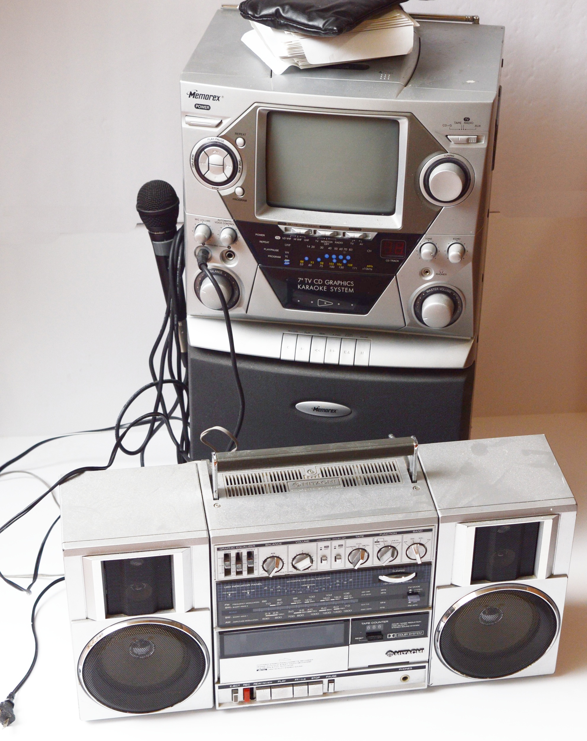 Memorex Karaoke Machine with CDs, and Hitachi Boombox EBTH