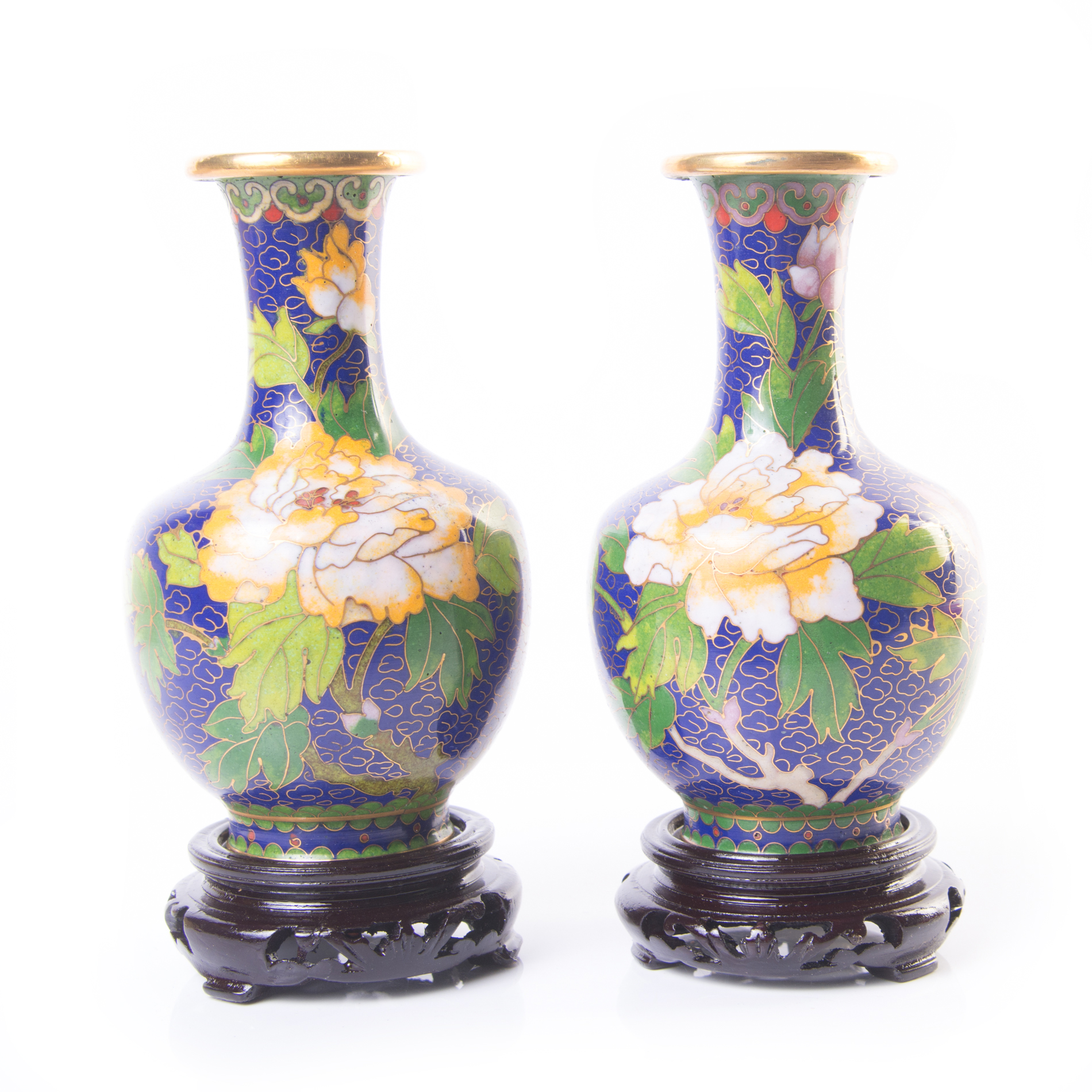 Vintage Chinese Cloisonne Vases With Carved Hardwood Stands Ebth