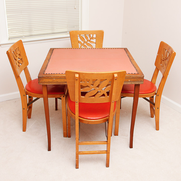 MidCentury Folding Game Table and Four LeafCarved Side Chairs by
