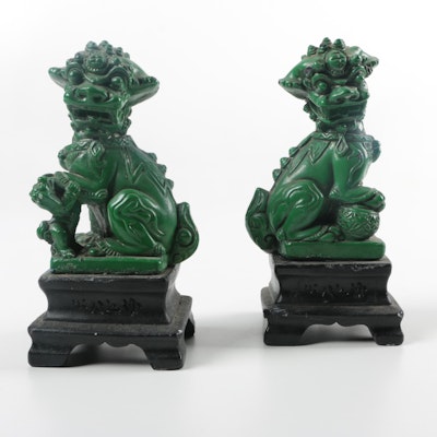 Green Guardian Lion Figurines on Black Bases