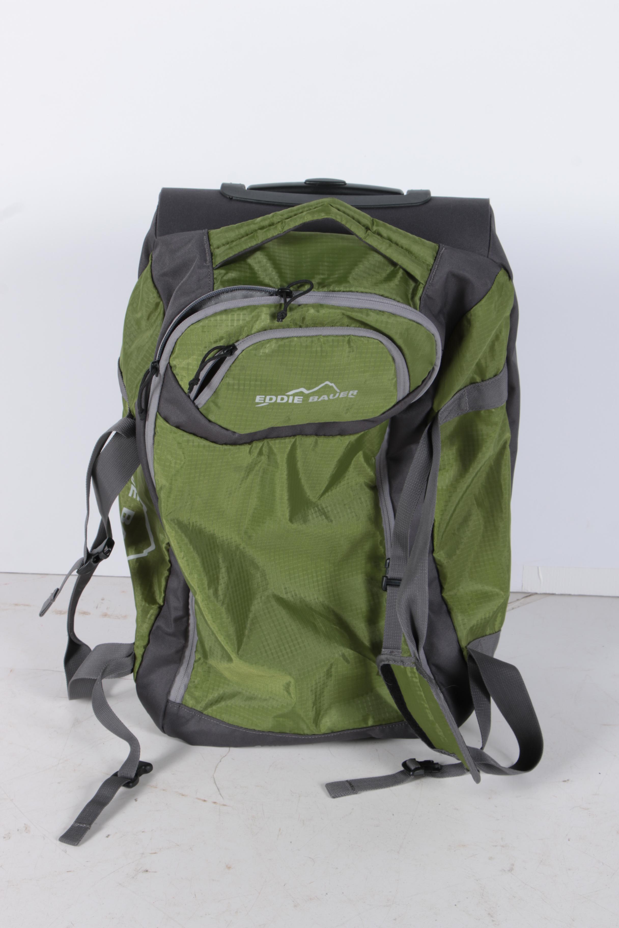 Two Green Eddie Bauer Duffel Bags and Finesse Hiking Backpack EBTH