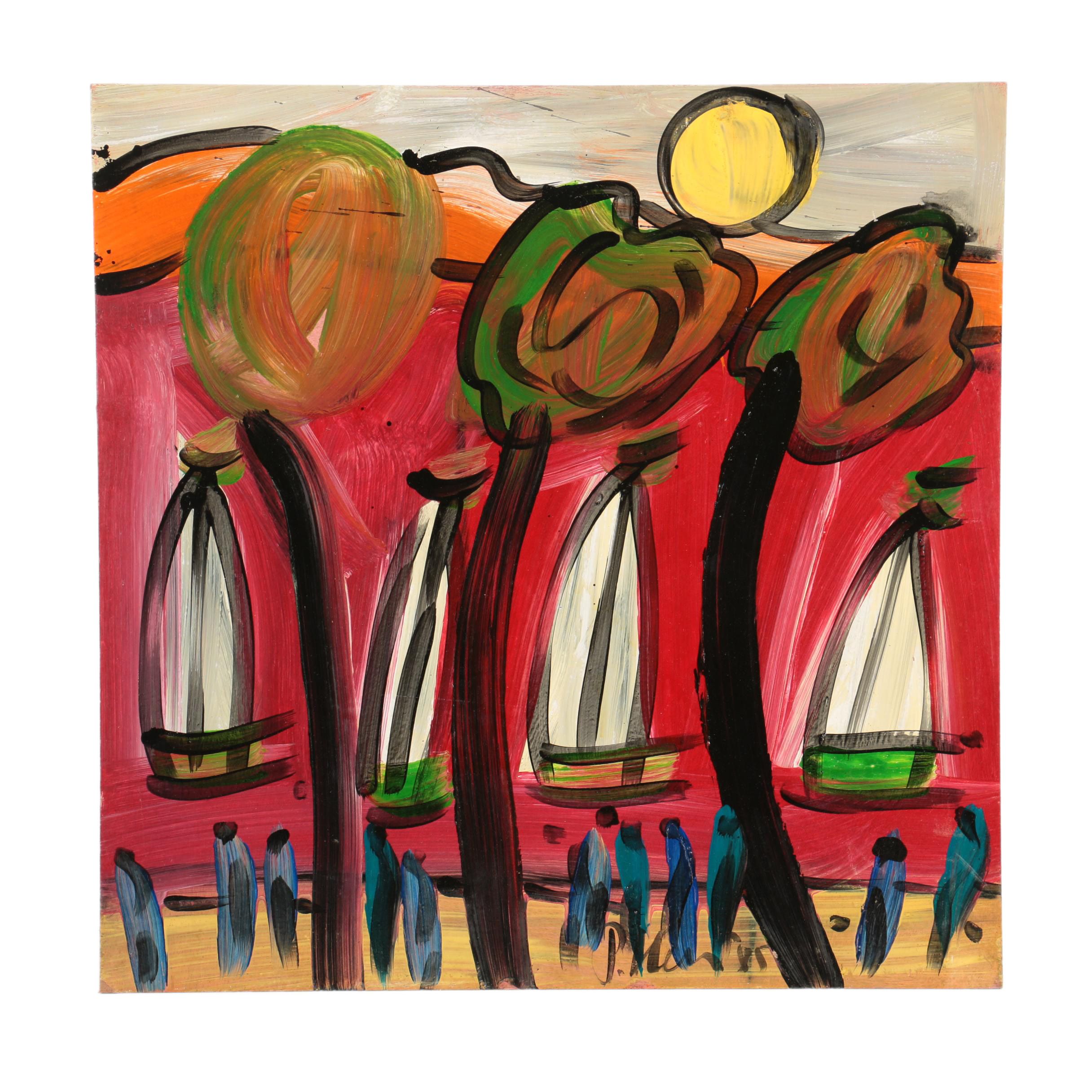 Peter Keil 1985 Abstract Oil Painting On Masonite Board Boats Ebth