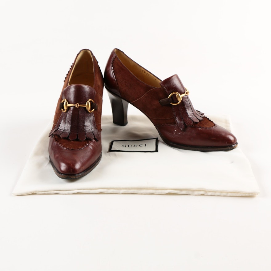 Women's Gucci Brown Leather and Suede Heeled Loafers