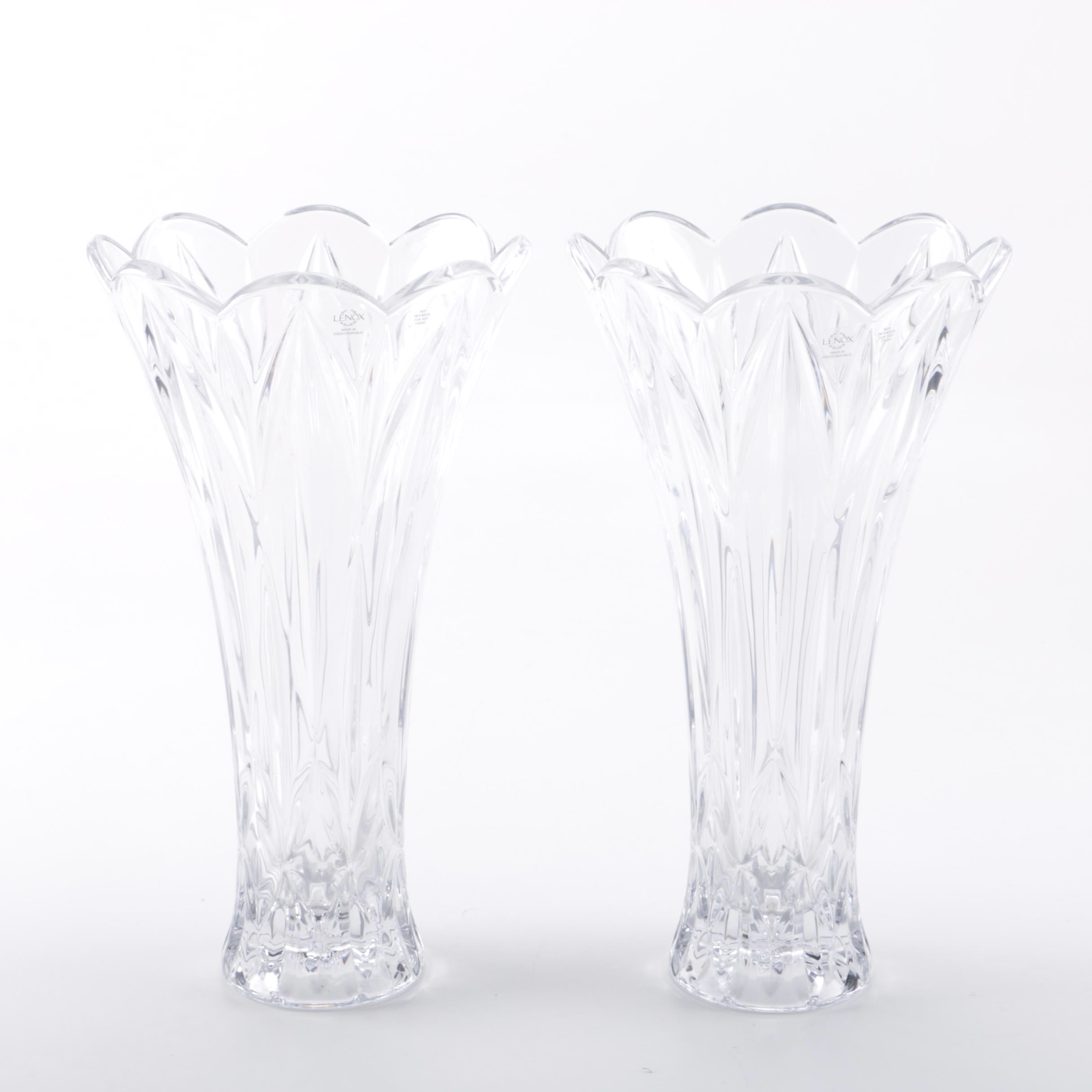 Pair of Lenox Cut Crystal Flower Vases EBTH