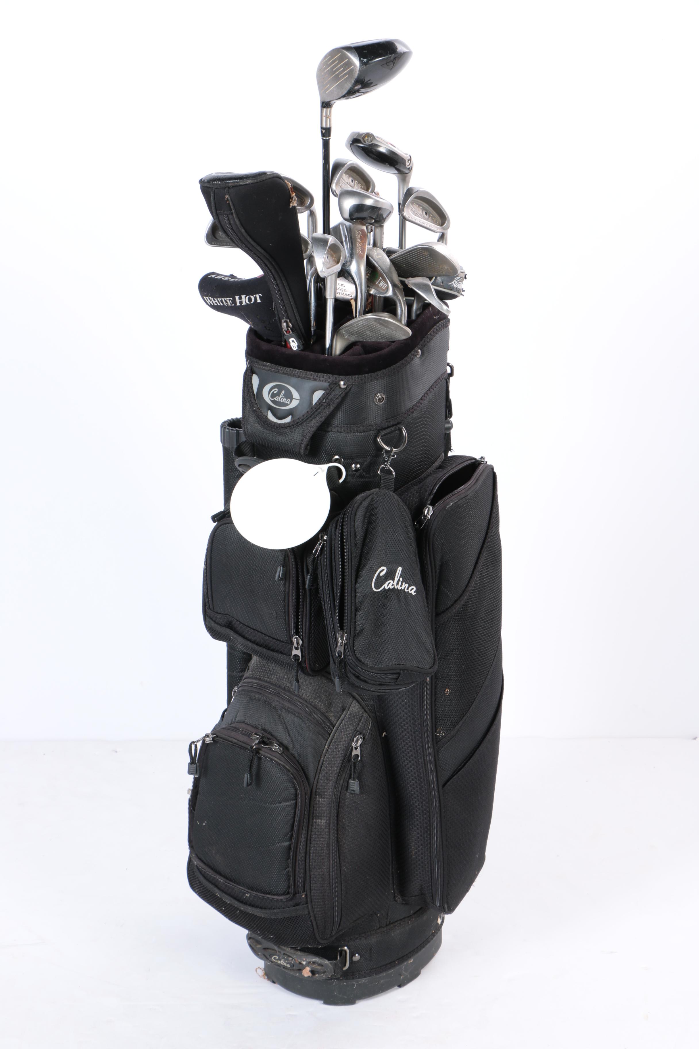 Bag Boy EZ Fold 12 Push Cart with Calina Golf Bag and Clubs EBTH