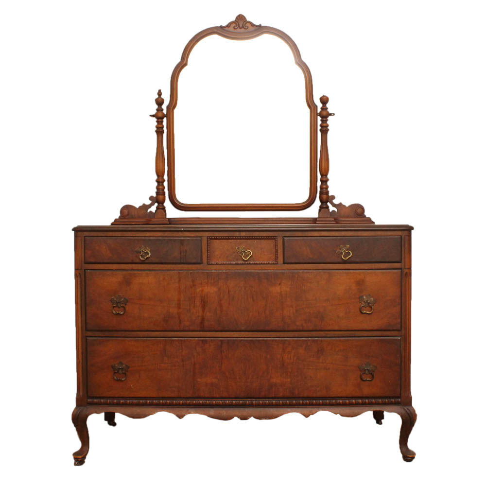 Walnut Vintage Queen Anne Style Dresser With Mirror Ebth