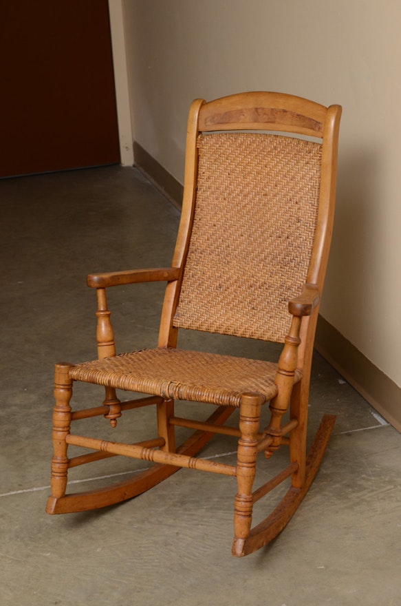 Antique Youth Rocking Chair in Maple with Woven Rattan Seat and Back | EBTH