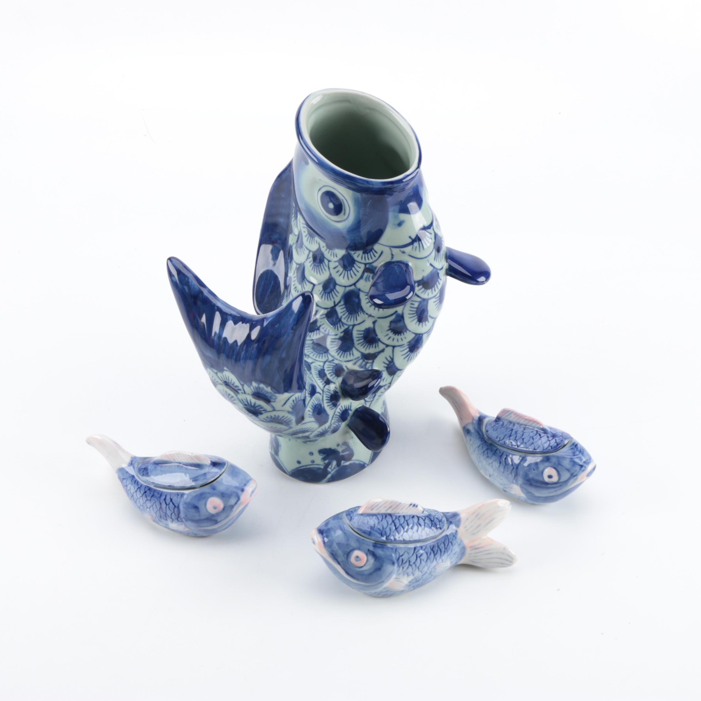 Chinese Blue and White Ceramic Fish Vase with Covered Fish Dishes EBTH