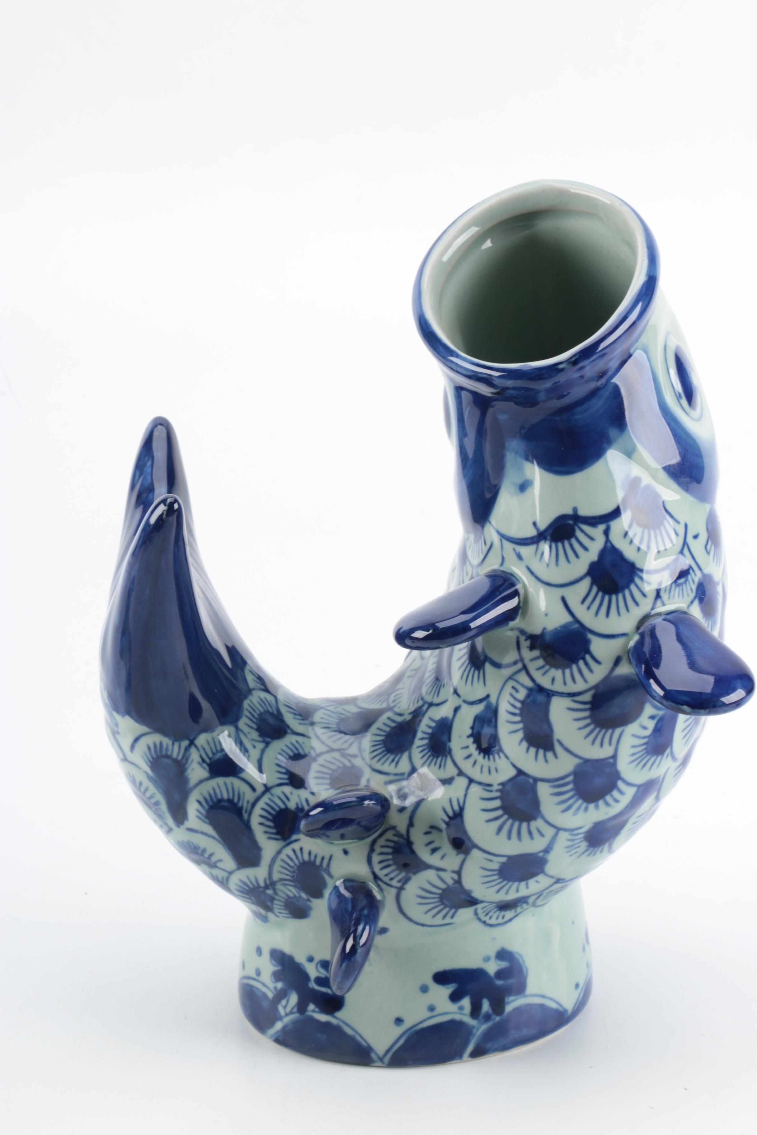 Chinese Blue and White Ceramic Fish Vase with Covered Fish Dishes EBTH