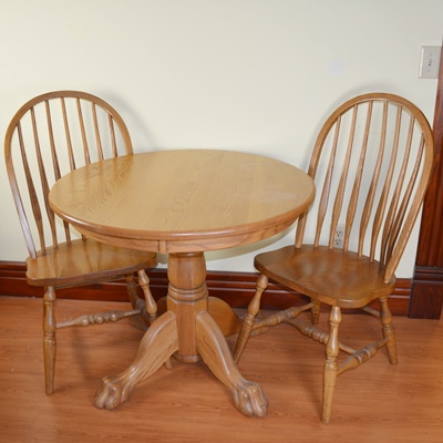 Amish Made Oak Round Table and Two Chairs EBTH