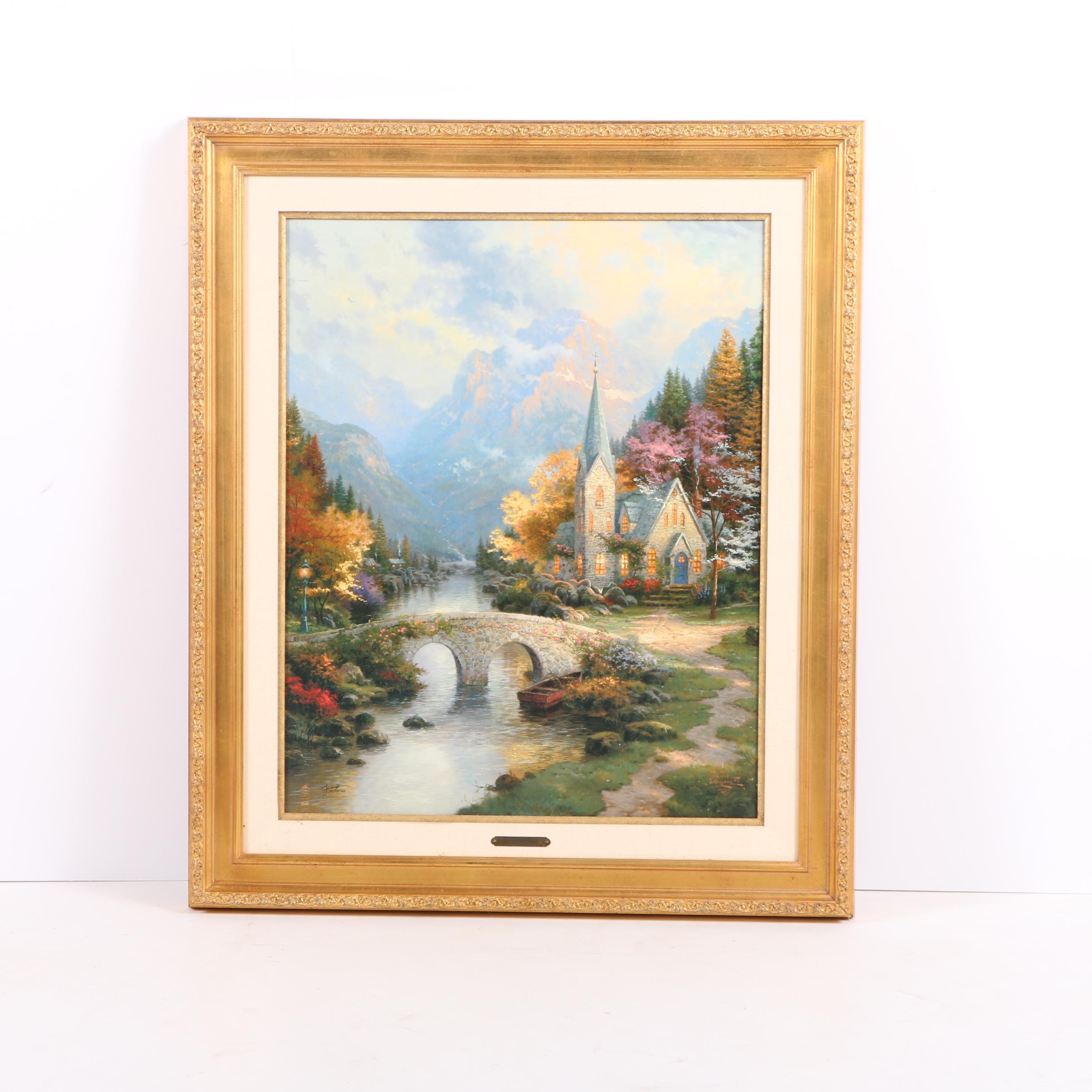 Offset Lithograph On Canvas After Thomas Kinkade S The Mountain