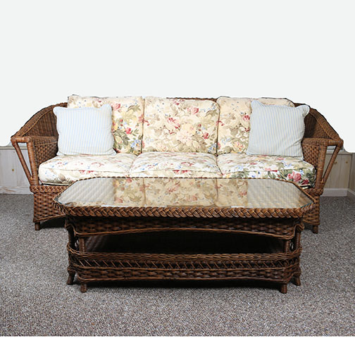 Rattan Sofa with Cushions by Henry Link and Glass Top ...