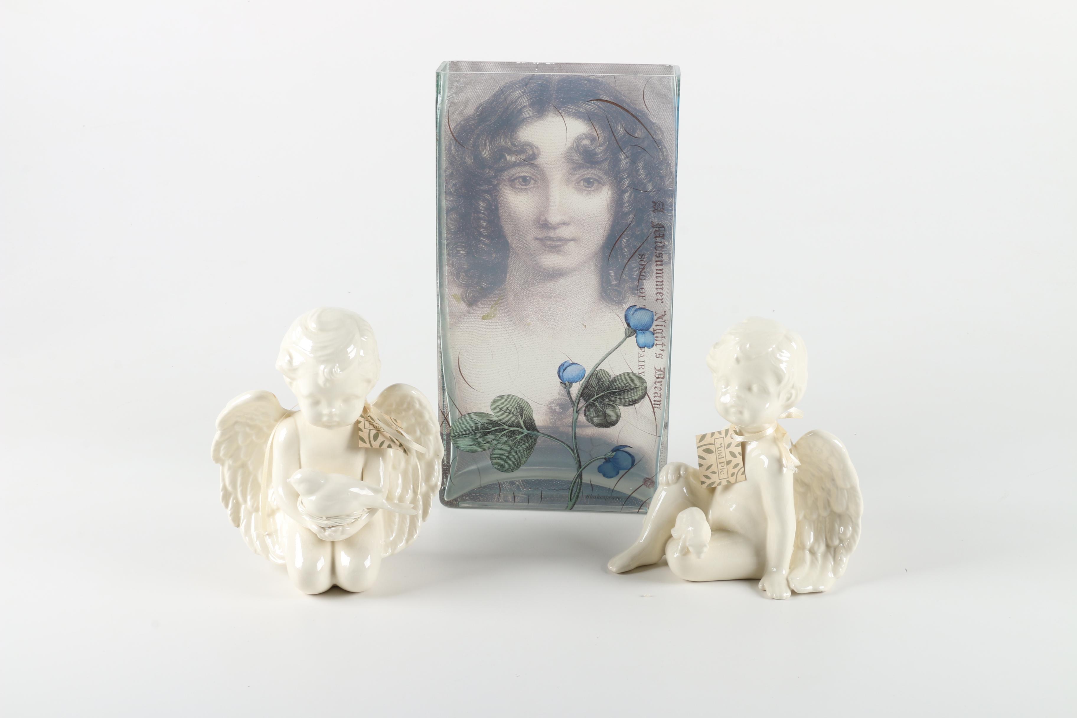 Mud Pie Ceramic Cherubs And Art Glass Vase From Fringe Studio Ebth