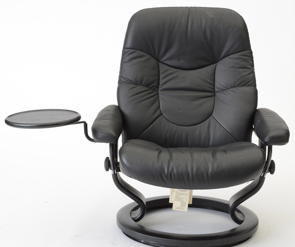 Black Leather "Stressless" Adjustable Chair and Ottoman by Ekornes