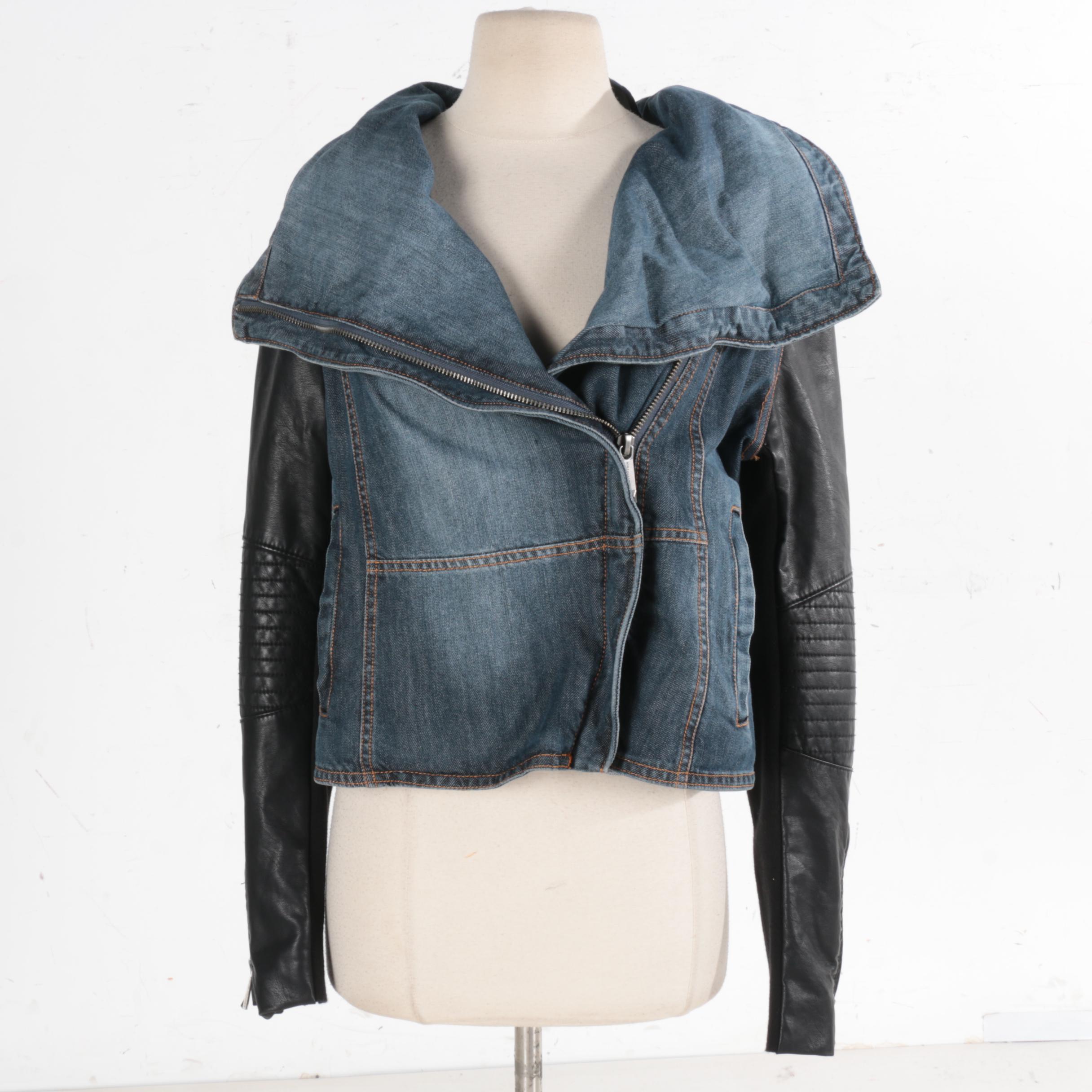 bcbg denim and leather jacket
