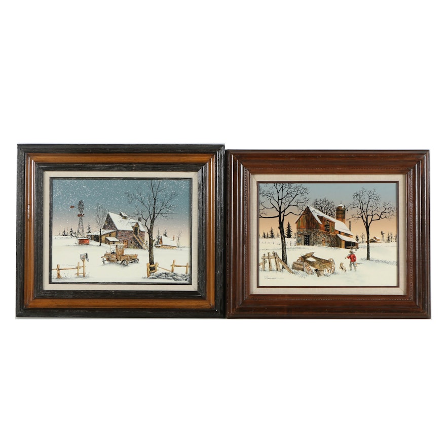 H Hargrove And C Carson Oil Paintings Of Snowy Barns Ebth