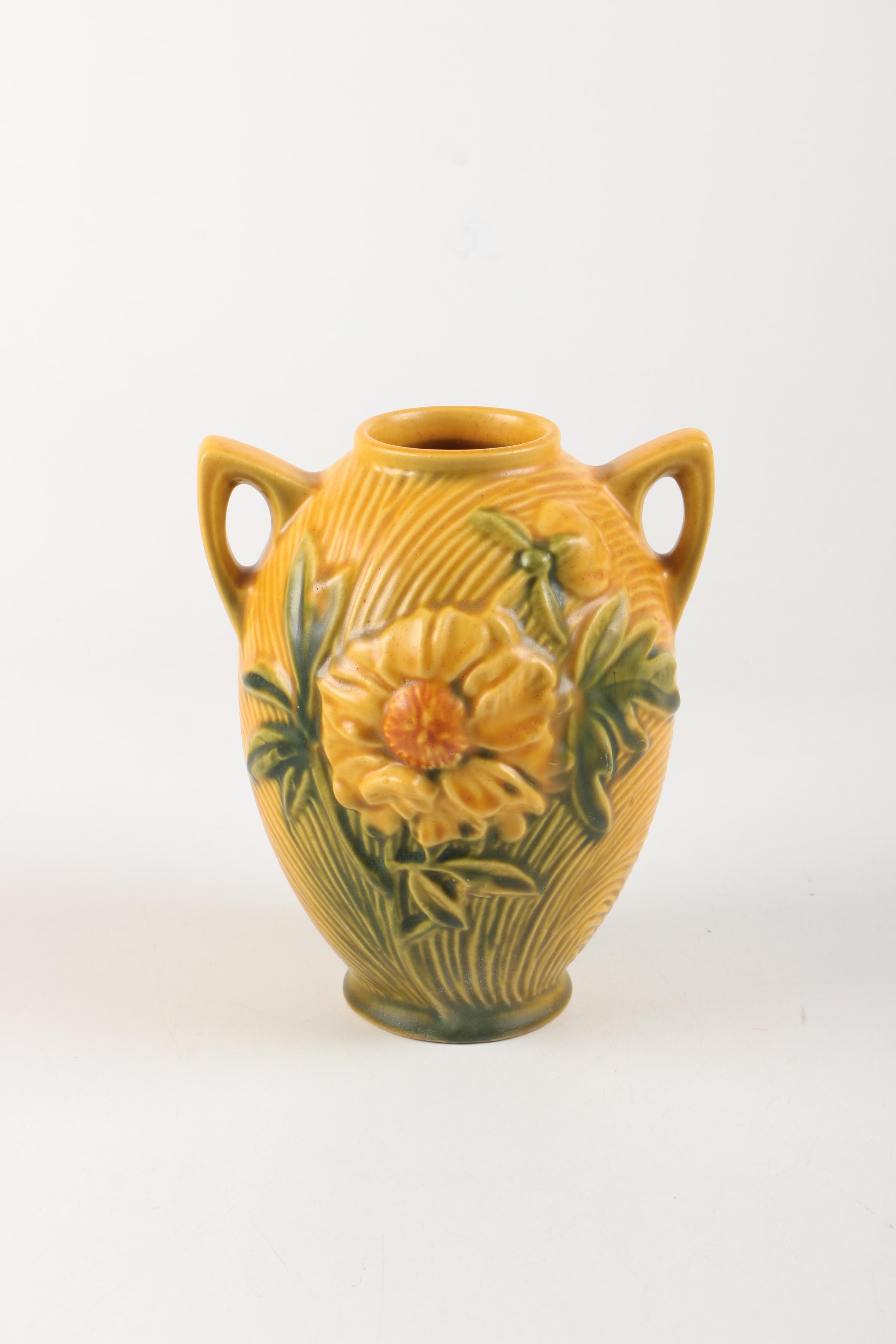 Roseville Pottery Peony Sienna Brown Ceramic Vase Ebth