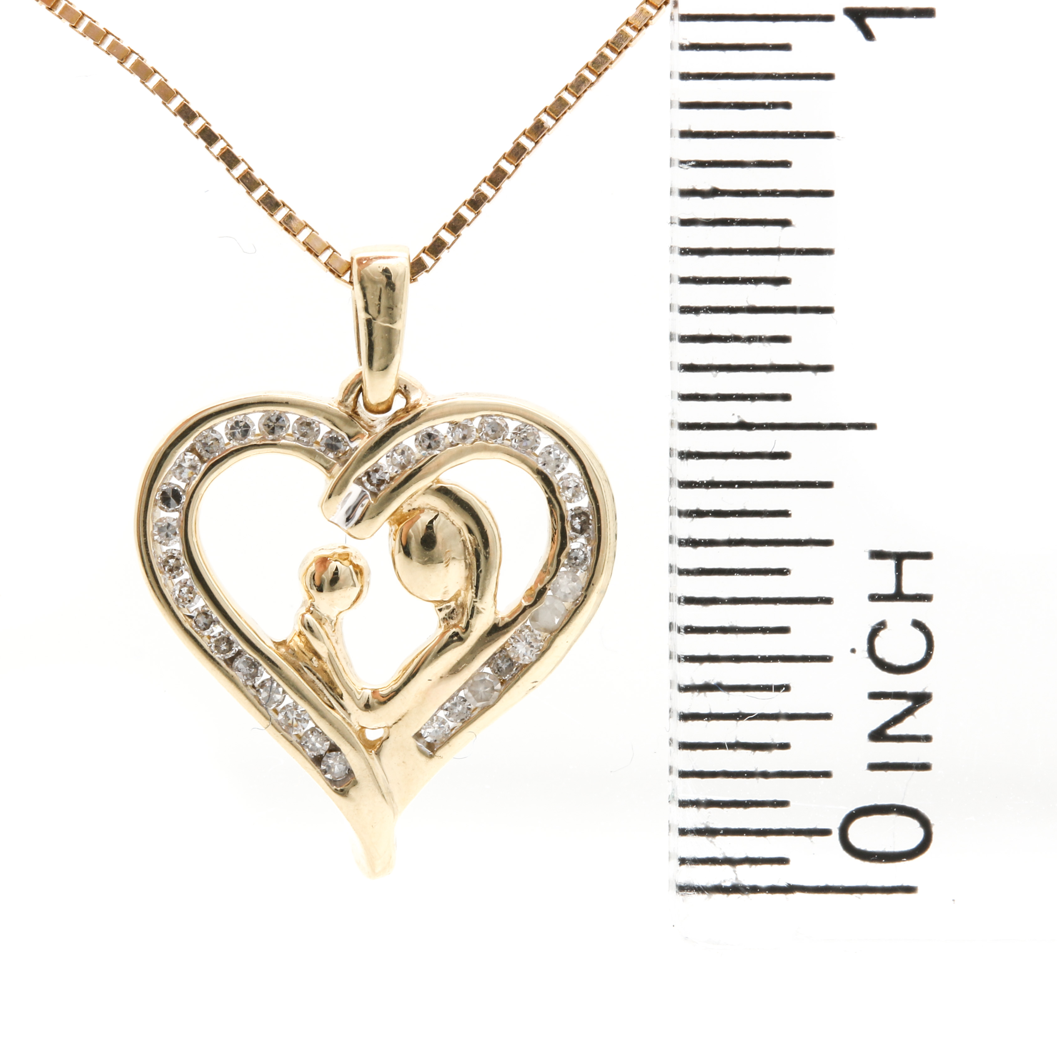 10K and 14K Yellow Gold Diamond Mother and Child Heart Pendant Necklace